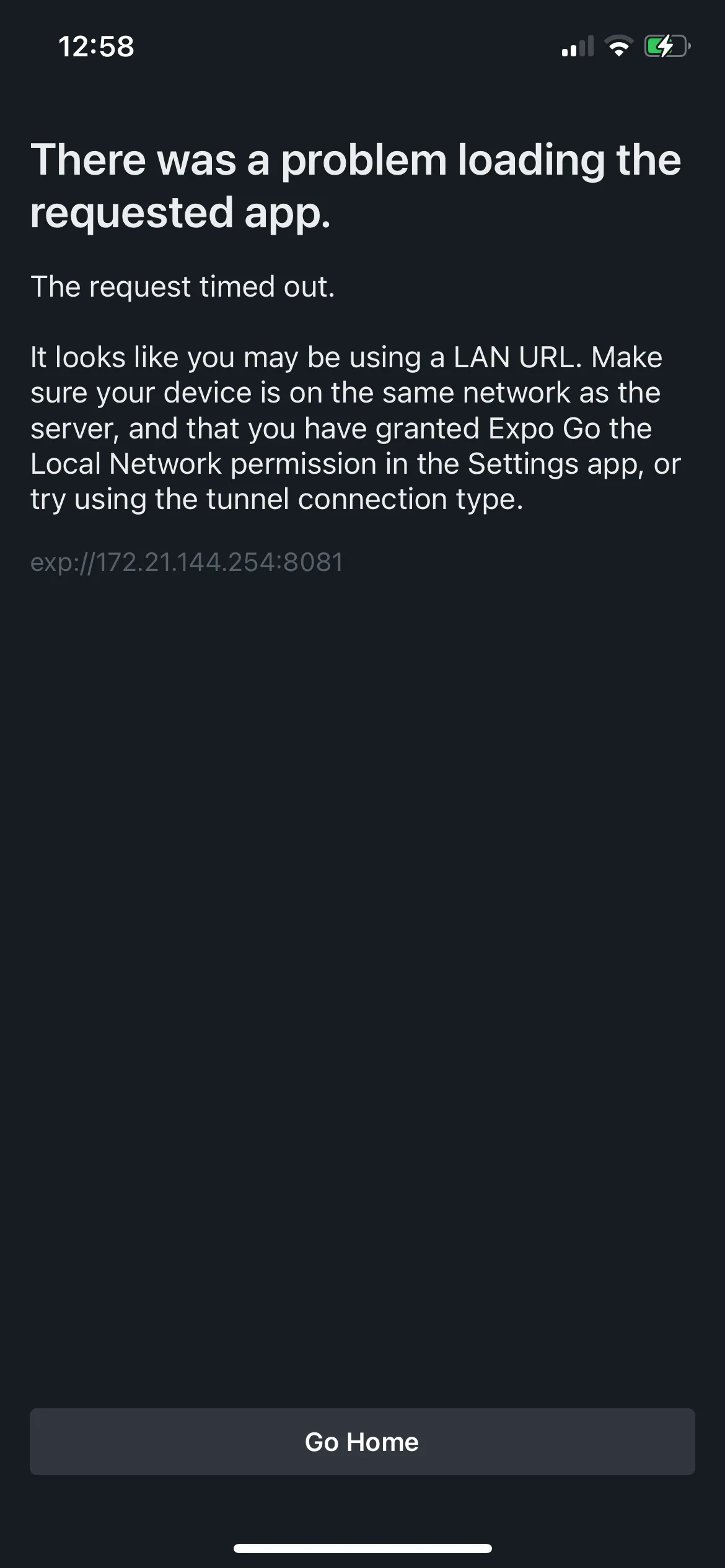 Expo Go connection error details
