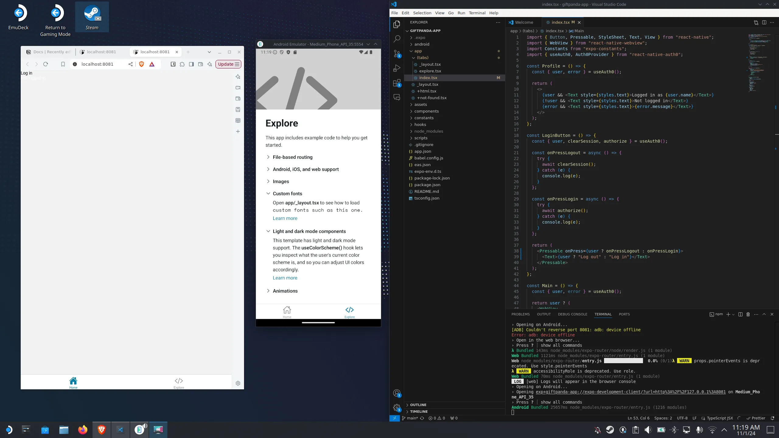 Expo and an Android simulator running on SteamOS