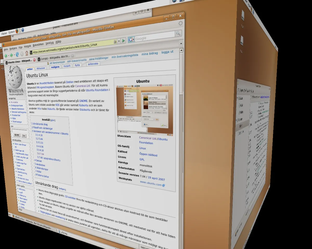 The Compiz desktop cube on Ubuntu Feisty