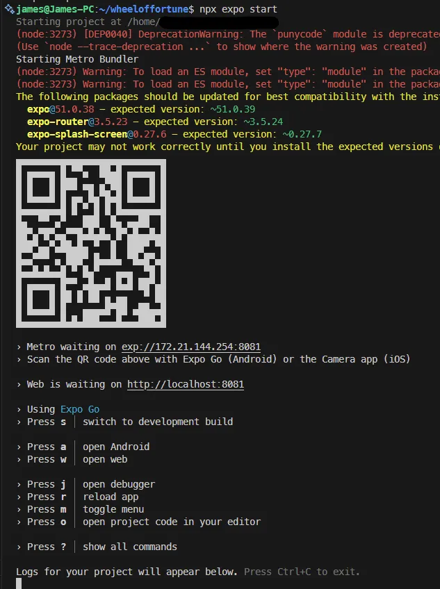 Expo dev server output with a QR code