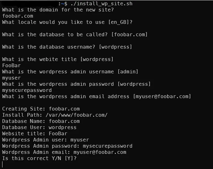 Terminal output from running the install script